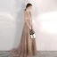 Chic / Beautiful Champagne Evening Dresses  2020 A-Line / Princess V-Neck Glitter Beading Lace Flower Rhinestone Sequins 1/2 Sleeves Backless Floor-Length / Long Formal Dresses
