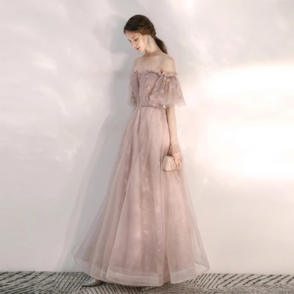 Classy Nude Prom Dresses 2020 A-Line / Princess Ruffle Off-The-Shoulder Star Lace Short Sleeve Backless Floor-Length / Long Formal Dresses