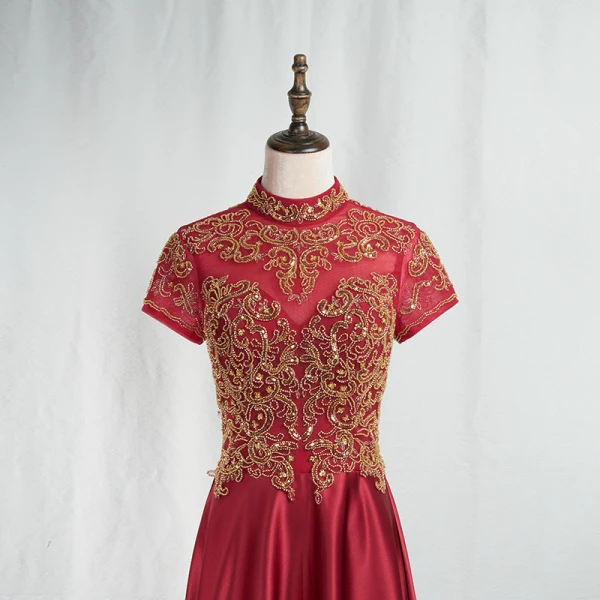 Vintage / Originale Style Chinois Doré En Dentelle Bordeaux Robe De Soirée 2020 Princesse Col Haut Perlage Paillettes Manches Courtes Dos Nu Longue Robe De Ceremonie