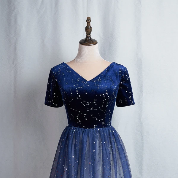 Fashion Navy Blue Homecoming Graduation Dresses 2020 A-Line / Princess V-Neck Star Sequins Short Sleeve Backless Knee-Length Formal Dresses