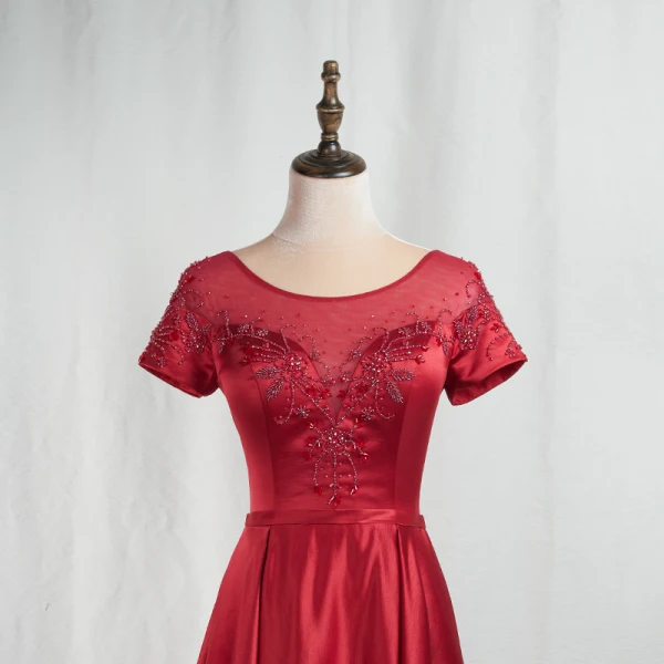 Elegant Burgundy Prom Dresses 2020 A-Line / Princess Scoop Neck Beading Crystal Short Sleeve Backless Floor-Length / Long Formal Dresses