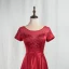 Elegant Burgundy Prom Dresses 2020 A-Line / Princess Scoop Neck Beading Crystal Short Sleeve Backless Floor-Length / Long Formal Dresses