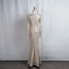 Sparkly Silver Evening Dresses  2020 Trumpet / Mermaid V-Neck Sequins Long Sleeve Floor-Length / Long Formal Dresses