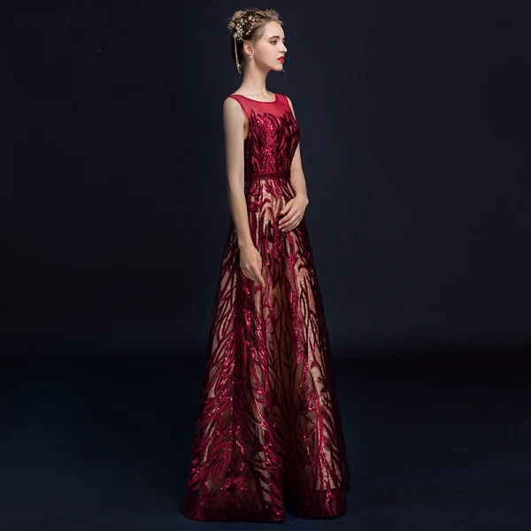 Chic / Beautiful Burgundy Evening Dresses 2018 A-Line / Princess Lace Flower Sequins Sash Scoop Neck Backless Sleeveless Floor-Length / Long Formal Dresses