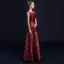 Chic / Beautiful Burgundy Evening Dresses  2018 A-Line / Princess Lace Flower Sequins Sash Scoop Neck Backless Sleeveless Floor-Length / Long Formal Dresses