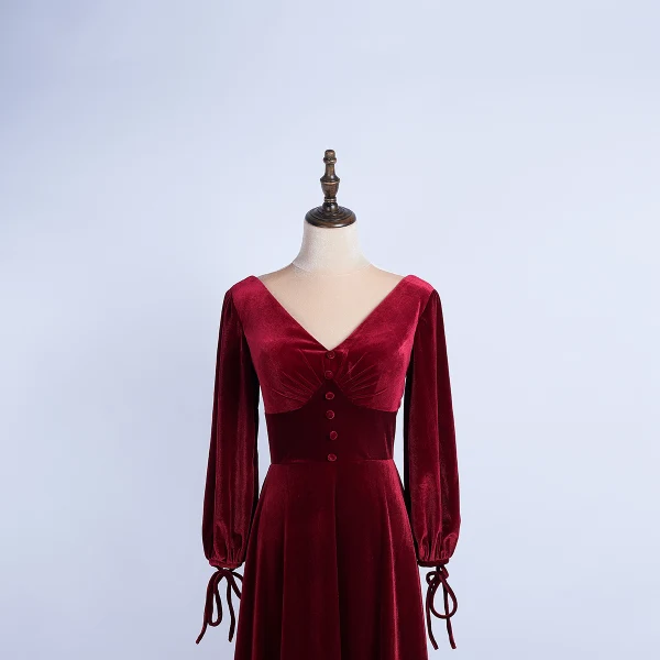 Elegant Burgundy Prom Dresses 2020 A-Line / Princess Suede V-Neck Long Sleeve Backless Floor-Length / Long Formal Dresses