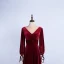Elegant Burgundy Prom Dresses 2020 A-Line / Princess Suede V-Neck Long Sleeve Backless Floor-Length / Long Formal Dresses