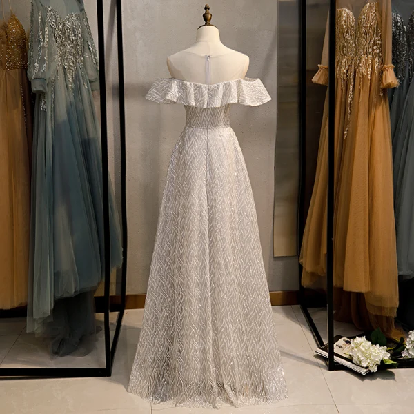 Sparkly Silver Grey Glitter Evening Dresses 2020 A-Line / Princess Scoop Neck Sequins Short Sleeve Floor-Length / Long Formal Dresses