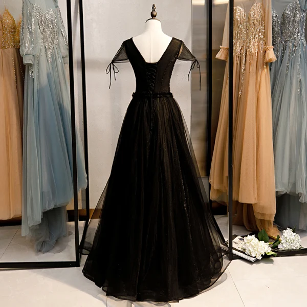 Elegante Schwarz Ballkleider 2020 A Linie V-Ausschnitt Perlenstickerei Ärmel Rückenfreies Lange Festliche Kleider