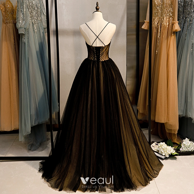 Modest Simple Black Prom Dresses 2020 Ball Gown Spaghetti Straps Sleeveless Backless Floor Length Long Formal Dresses