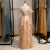 Fashion Champagne Evening Dresses  2020 A-Line / Princess Spaghetti Straps Sleeveless Backless Cascading Ruffles Floor-Length / Long Formal Dresses