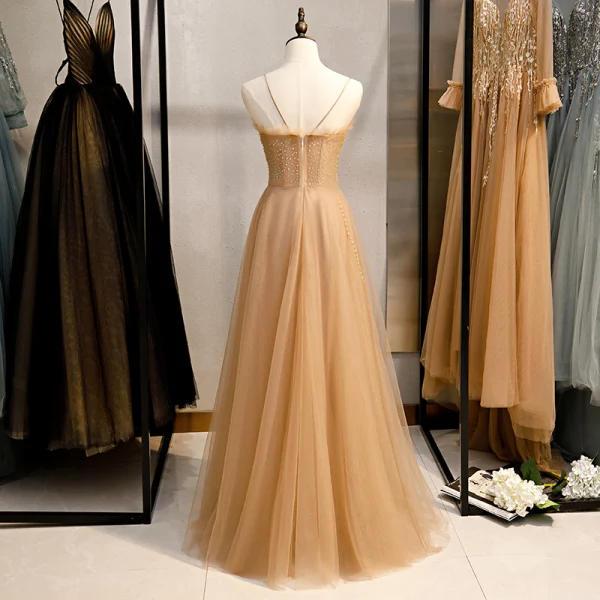Chic / Beautiful Gold Evening Dresses 2020 A-Line / Princess Spaghetti Straps Beading Pearl Sequins Sleeveless Backless Floor-Length / Long Formal Dresses