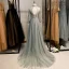 Vintage / Retro Grey Prom Dresses 2020 A-Line / Princess High Neck Beading Rhinestone Lace Flower Long Sleeve Backless Sweep Train Formal Dresses