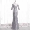 Sparkly Silver Evening Dresses  2020 Trumpet / Mermaid High Neck Rhinestone Sequins 3/4 Sleeve Backless Floor-Length / Long Formal Dresses
