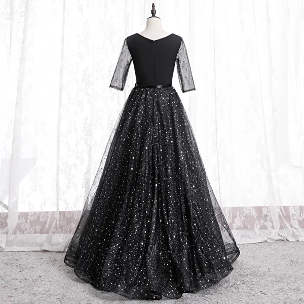 Fashion Black Prom Dresses 2020 A-Line / Princess V-Neck Star Sequins Rhinestone 3/4 Sleeve Backless Floor-Length / Long Formal Dresses