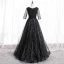 Fashion Black Prom Dresses 2020 A-Line / Princess V-Neck Star Sequins Rhinestone 3/4 Sleeve Backless Floor-Length / Long Formal Dresses