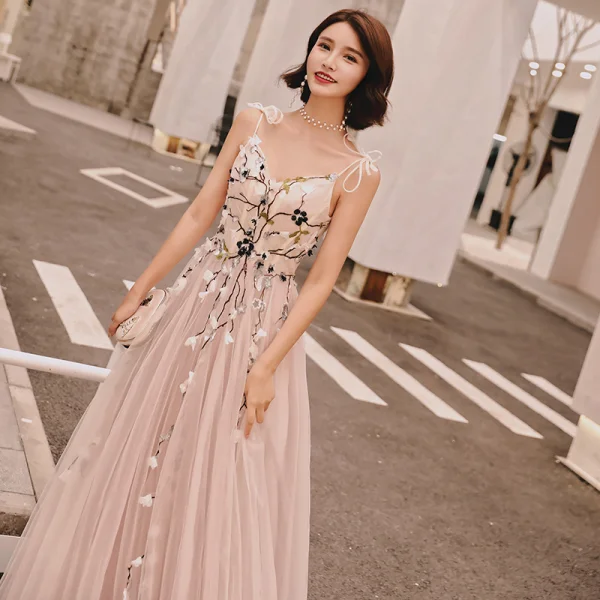 Chic / Beautiful Blushing Pink Summer Evening Dresses  2018 A-Line / Princess Appliques Bow Spaghetti Straps Backless Sleeveless Floor-Length / Long Formal Dresses