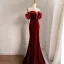 Charming Burgundy Suede Evening Dresses  2021 Trumpet / Mermaid Off-The-Shoulder Pearl Short Sleeve Backless Sweep Train Evening Party Formal Dresses