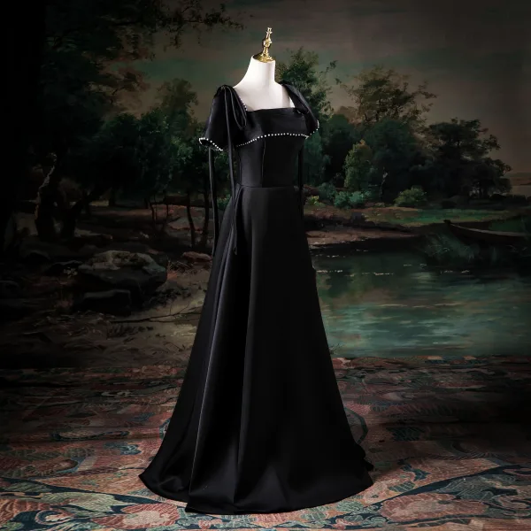 Elegant Black Pearl Prom Dresses 2025 A-Line / Princess Square Neckline Short Sleeve Backless Floor-Length / Long Prom Formal Dresses