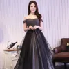 Chic / Beautiful Black Ruffle Evening Dresses  2018 A-Line / Princess Off-The-Shoulder Sleeveless Backless Sweep Train Formal Dresses