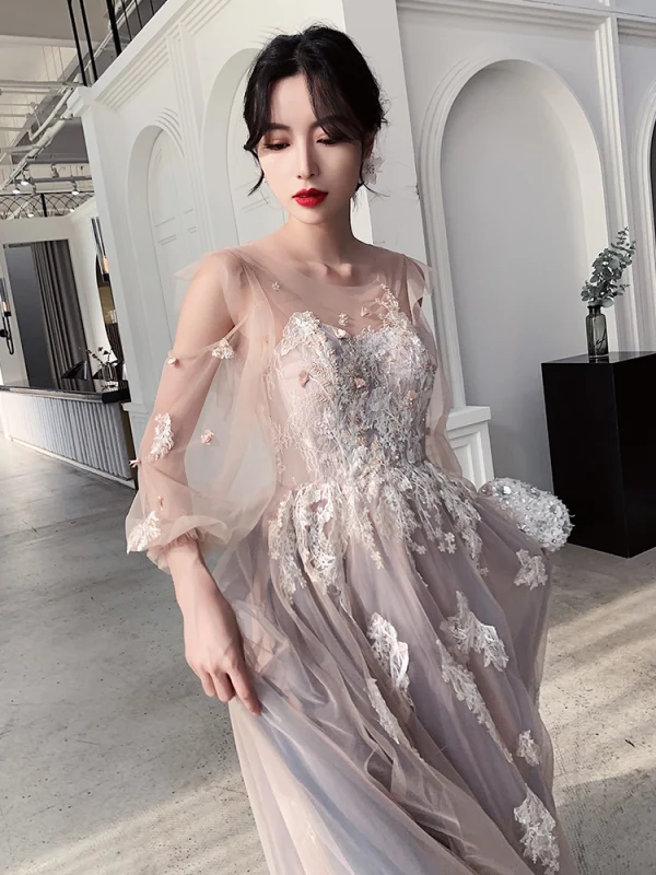 Fashion Blushing Pink Evening Dresses 2020 A-Line / Princess Scoop Neck Beading Lace Flower Long Sleeve Backless Floor-Length / Long Formal Dresses