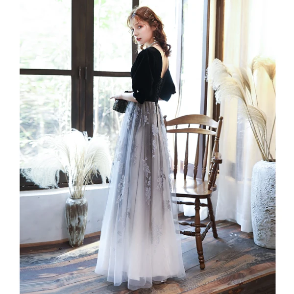 Chic / Beautiful Black Glitter Flower Evening Dresses 2020 A-Line / Princess V-Neck Floor-Length / Long Prom 1/2 Sleeves Backless Suede Formal Dresses