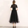 Modest / Simple Homecoming Little Black Dress 2020 A-Line / Princess Bow High Neck Short Sleeve Tea-length Graduation Dresses
