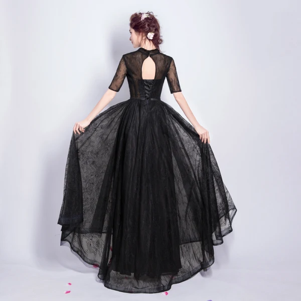 Modest / Simple Vintage / Retro Black Prom Dresses 2021 A-Line / Princess V-Neck Beading Lace Flower Short Sleeve Backless Floor-Length / Long Evening Party Formal Dresses