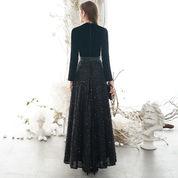 Chic Noire Robe De Soirée 2020 Princesse V-Cou Gland Paillettes Manches Longues Longue Robe De Ceremonie