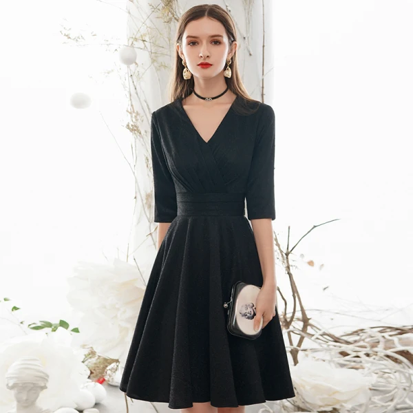 Vintage / Retro Modest / Simple Solid Color Black Homecoming Graduation Dresses 2020 A-Line / Princess V-Neck 1/2 Sleeves Knee-Length Formal Dresses