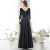 Modest / Simple Black Evening Dresses  2020 A-Line / Princess Suede V-Neck Bow 1/2 Sleeves Backless Floor-Length / Long Formal Dresses