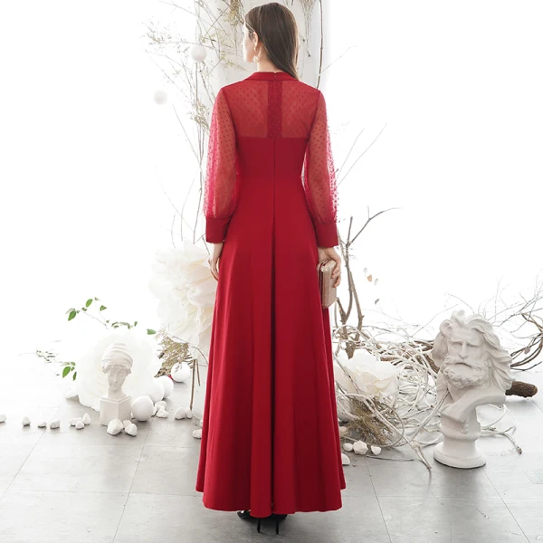 Modest / Simple Burgundy Evening Dresses 2020 A-Line / Princess Deep V-Neck Spotted Long Sleeve Floor-Length / Long Formal Dresses