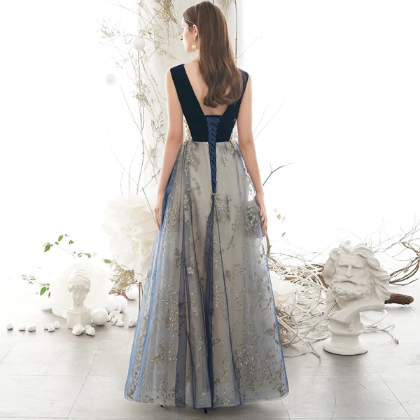 Elegant Navy Blue Prom Dresses 2020 A-Line / Princess Scoop Neck Glitter Sequins Lace Flower Sleeveless Backless Floor-Length / Long Formal Dresses