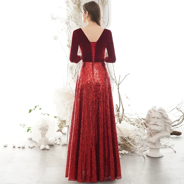 Sparkly Burgundy Winter Evening Dresses 2020 A-Line / Princess Suede V-Neck Sequins 3/4 Sleeve Backless Floor-Length / Long Formal Dresses