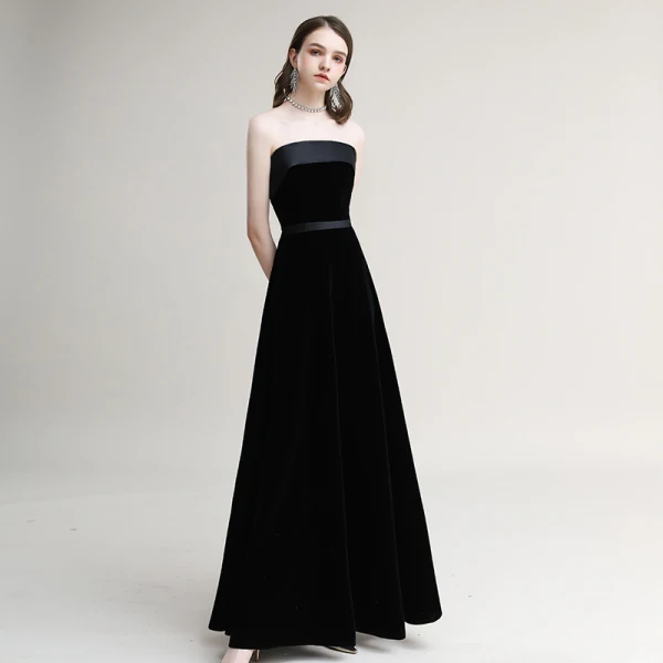 Modest / Simple Black Evening Dresses  2020 A-Line / Princess Suede Strapless Sleeveless Backless Floor-Length / Long Formal Dresses
