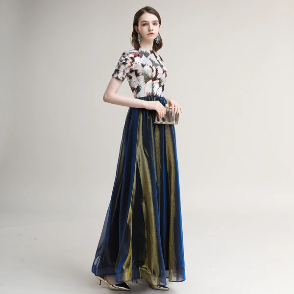 Elegante Bronze Königliches Blau Abendkleider 2020 A Linie Rundhalsausschnitt Pailletten Kurze Ärmel Lange Festliche Kleider