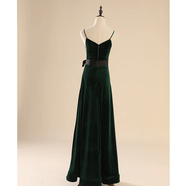 Elegant Dark Green Suede Evening Dresses  2020 A-Line / Princess Spaghetti Straps Bow Sleeveless Backless Floor-Length / Long Formal Dresses