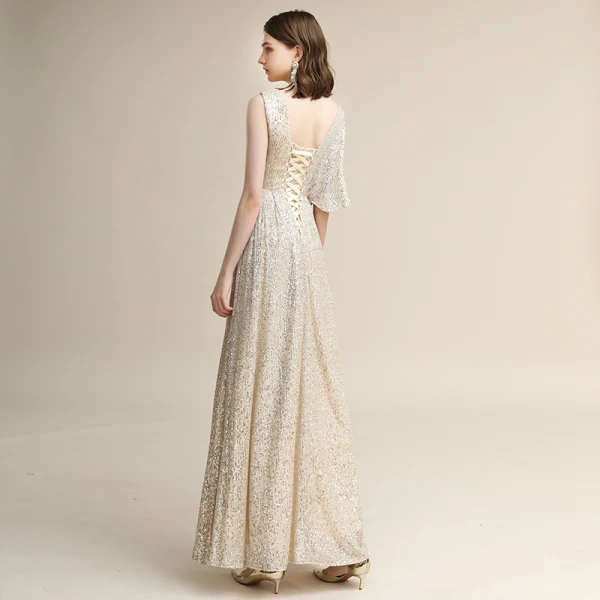 Scintillantes Champagne Paillettes Robe De Soirée 2020 Princesse V-Cou Manches Courtes Dos Nu Longue Robe De Ceremonie
