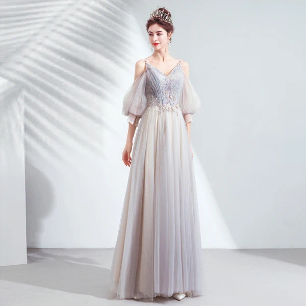 Charming Grey Prom Dresses 2020 A-Line / Princess V-Neck Beading Sequins Lace Flower Short Sleeve Backless Floor-Length / Long Formal Dresses