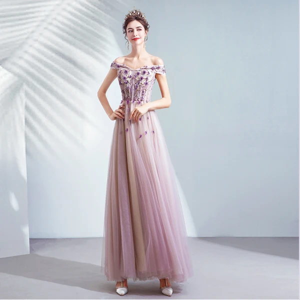 Chic / Beautiful Purple Prom Dresses 2020 A-Line / Princess Off-The-Shoulder Beading Crystal Appliques Lace Flower Sleeveless Backless Floor-Length / Long Formal Dresses