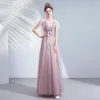 Chic / Belle Violet Robe De Bal 2020 Princesse V-Cou Appliques En Dentelle Fleur Perlage Cristal Manches Courtes Dos Nu Longue Robe De Ceremonie