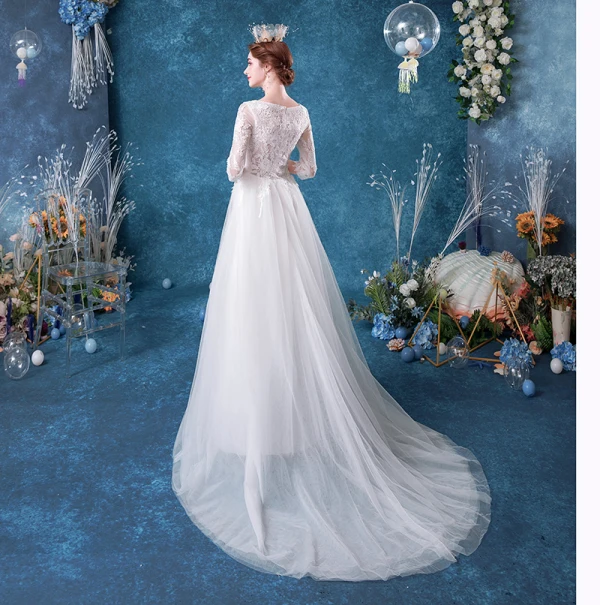 Affordable Ivory Wedding Dresses 2020 A-Line / Princess V-Neck Lace Flower 3/4 Sleeve Court Train
