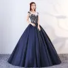 Vintage / Retro Navy Blue Quinceañera Prom Dresses 2018 Ball Gown Appliques Beading Scoop Neck Backless Sleeveless Floor-Length / Long Formal Dresses