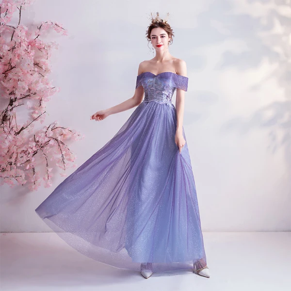 Charming Lavender Prom Dresses 2020 A-Line / Princess Glitter Tulle Off-The-Shoulder Pearl Rhinestone Lace Flower Short Sleeve Backless Floor-Length / Long Formal Dresses