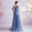 Fashion Ocean Blue Prom Dresses 2020 A-Line / Princess V-Neck Glitter Star Sequins Sleeveless Backless Floor-Length / Long Formal Dresses