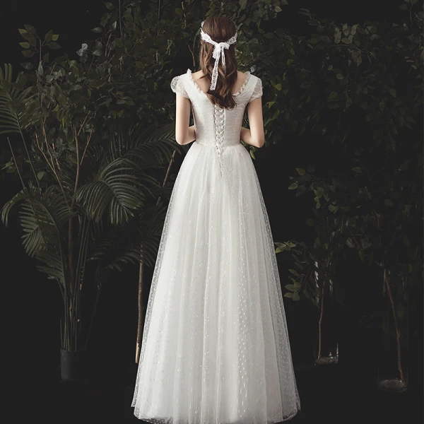 Simple Ivoire Tachetée Robe De Mariée 2020 Princesse Encolure Carrée Mancherons Dos Nu Longue