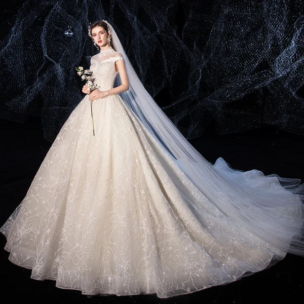 Charming Champagne Wedding Dresses 2020 Ball Gown High Neck Beading Lace Flower Cap Sleeves Backless Cathedral Train