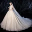 Charming Champagne Wedding Dresses 2020 Ball Gown High Neck Beading Lace Flower Cap Sleeves Backless Cathedral Train