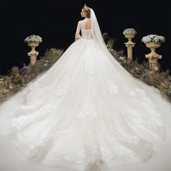 Classy Ivory Wedding Dresses 2020 Ball Gown High Neck Beading Sequins Lace Flower 3/4 Sleeve Backless Chapel Train