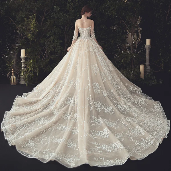 Luxury / Gorgeous Ivory Beading Wedding Dresses 2020 Ball Gown Scoop Neck Lace Flower Appliques Pearl Sequins 3/4 Sleeve Backless Cathedral Train